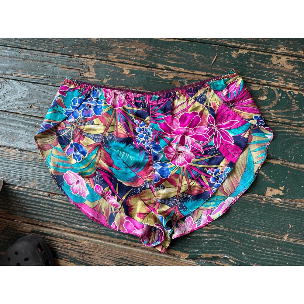 Vintage Tropical Floral Satin Sleep Shorts Pink Teal Botanical Tap Pants resort